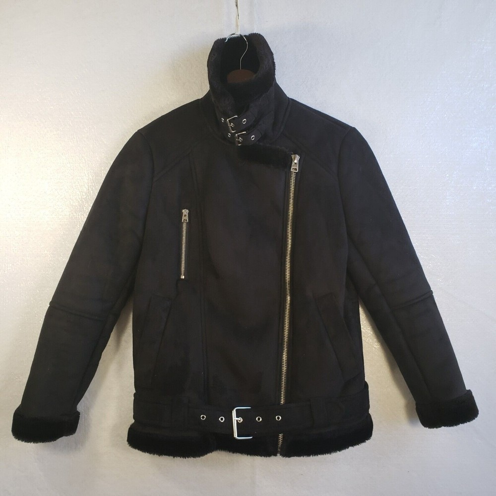 Topshop Exterior Faux Suede Fur Lined Aviator Jacket Black Size 2 Buckles Biker